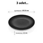 23 cm çapında ve 2,3 cm yüksekliğinde mat pütürlü döküm taş efektli siyah melamin yuvarlak HappyChef 3'lü yemek ve servis tabağı seti.