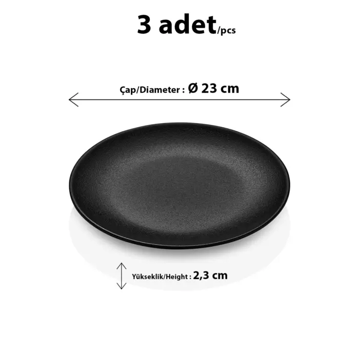 23 cm çapında ve 2,3 cm yüksekliğinde mat pütürlü döküm taş efektli siyah melamin yuvarlak HappyChef 3'lü yemek ve servis tabağı seti.