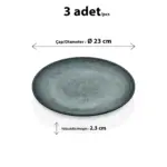 23 cm çapında ve 2,3 cm yüksekliğinde yeşil gri reaktif taş efektli melamin yuvarlak HappyChef 3'lü yemek ve servis tabağı seti.