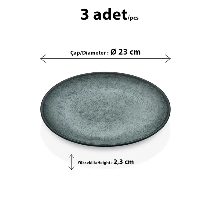 23 cm çapında ve 2,3 cm yüksekliğinde yeşil gri reaktif taş efektli melamin yuvarlak HappyChef 3'lü yemek ve servis tabağı seti.