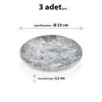 23 cm çapında ve 2,3 cm yüksekliğinde açık gri eskitme beton taş efektli melamin yuvarlak HappyChef 3'lü yemek ve servis tabağı seti.