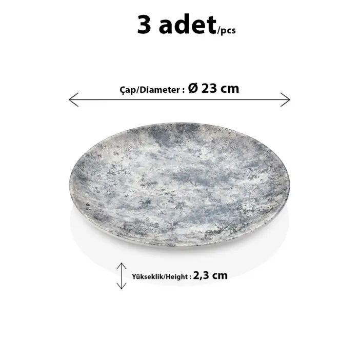23 cm çapında ve 2,3 cm yüksekliğinde açık gri eskitme beton taş efektli melamin yuvarlak HappyChef 3'lü yemek ve servis tabağı seti.