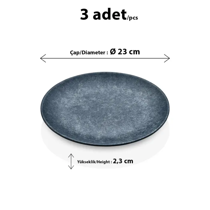 23 cm çapında ve 2,3 cm yüksekliğinde mavi lacivert reaktif taş efektli melamin yuvarlak HappyChef 3'lü yemek ve servis tabağı seti.