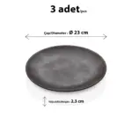23 cm çapında ve 2,3 cm yüksekliğinde mat eskitme taş ve metalik antrasit dokulu melamin yuvarlak HappyChef 3'lü yemek ve servis tabağı seti.