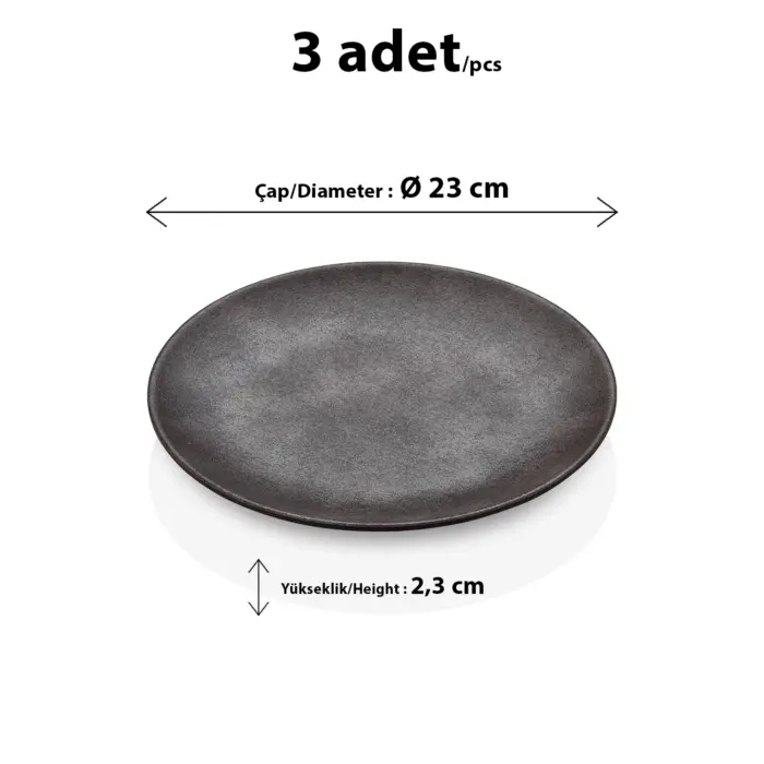 23 cm çapında ve 2,3 cm yüksekliğinde mat eskitme taş ve metalik antrasit dokulu melamin yuvarlak HappyChef 3'lü yemek ve servis tabağı seti.