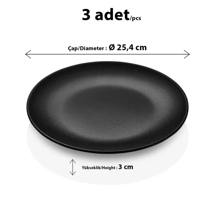 25,4 cm çapında ve 3 cm yüksekliğinde mat pütürlü döküm taş efektli siyah melamin yuvarlak HappyChef 3'lü ana yemek ve servis tabağı seti.