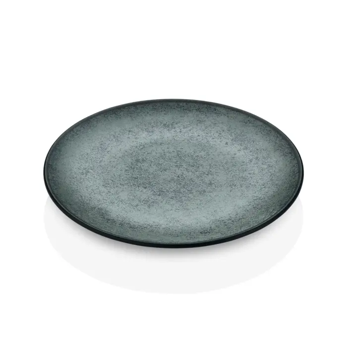 25,4 cm çapında ve 3 cm yüksekliğinde yeşil gri reaktif taş efektli melamin yuvarlak HappyChef 3'lü ana yemek ve servis tabağı seti.