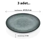 25,4 cm çapında ve 3 cm yüksekliğinde yeşil gri reaktif taş efektli melamin yuvarlak HappyChef 3'lü ana yemek ve servis tabağı seti.