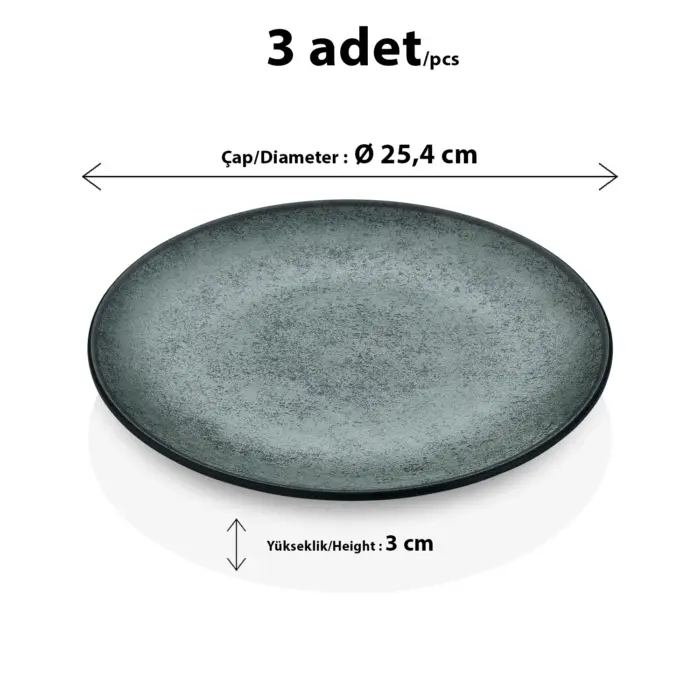 25,4 cm çapında ve 3 cm yüksekliğinde yeşil gri reaktif taş efektli melamin yuvarlak HappyChef 3'lü ana yemek ve servis tabağı seti.