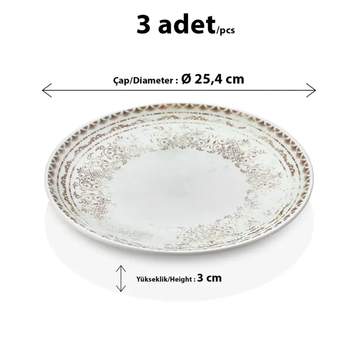 25,4 cm çapında ve 3 cm yüksekliğinde krem zemin üzerine bakır otantik etnik motifli melamin yuvarlak HappyChef 3'lü yemek ve servis tabağı seti.