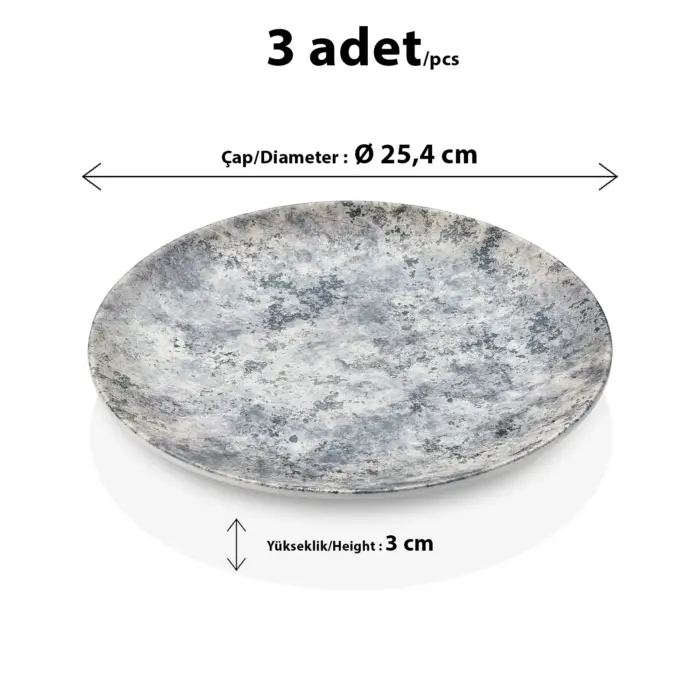 25,4 cm çapında ve 3 cm yüksekliğinde açık gri eskitme beton taş efektli melamin yuvarlak HappyChef 3'lü ana yemek ve servis tabağı seti.