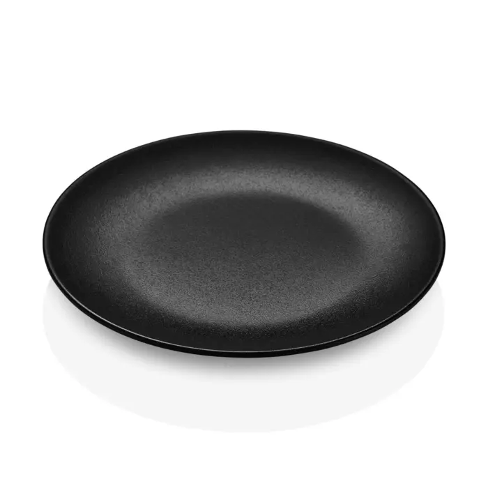 28 cm çapında ve 3 cm yüksekliğinde mat pütürlü döküm taş efektli siyah thermoset melamin yuvarlak Happy Chef Obsidian seri 3'lü servis tabağı seti.