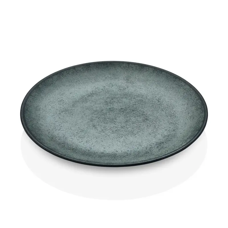 Doğal taş ve mermer dokusunu reaktif yeşil/gri zarafetiyle buluşturan, 3 parçadan oluşan 28 cm geniş yuvarlak Happy Chef Green Minerra servis tabağı seti.
