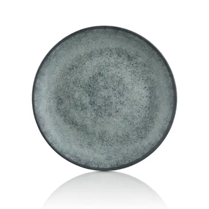 28 cm çapında ve 3 cm yüksekliğinde yeşil gri reaktif taş efektli thermoset melamin yuvarlak Happy Chef Green Minerra seri 3'lü servis tabağı seti.