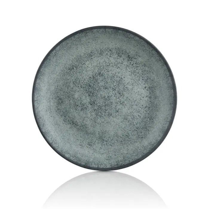 28 cm çapında ve 3 cm yüksekliğinde yeşil gri reaktif taş efektli thermoset melamin yuvarlak Happy Chef Green Minerra seri 3'lü servis tabağı seti.