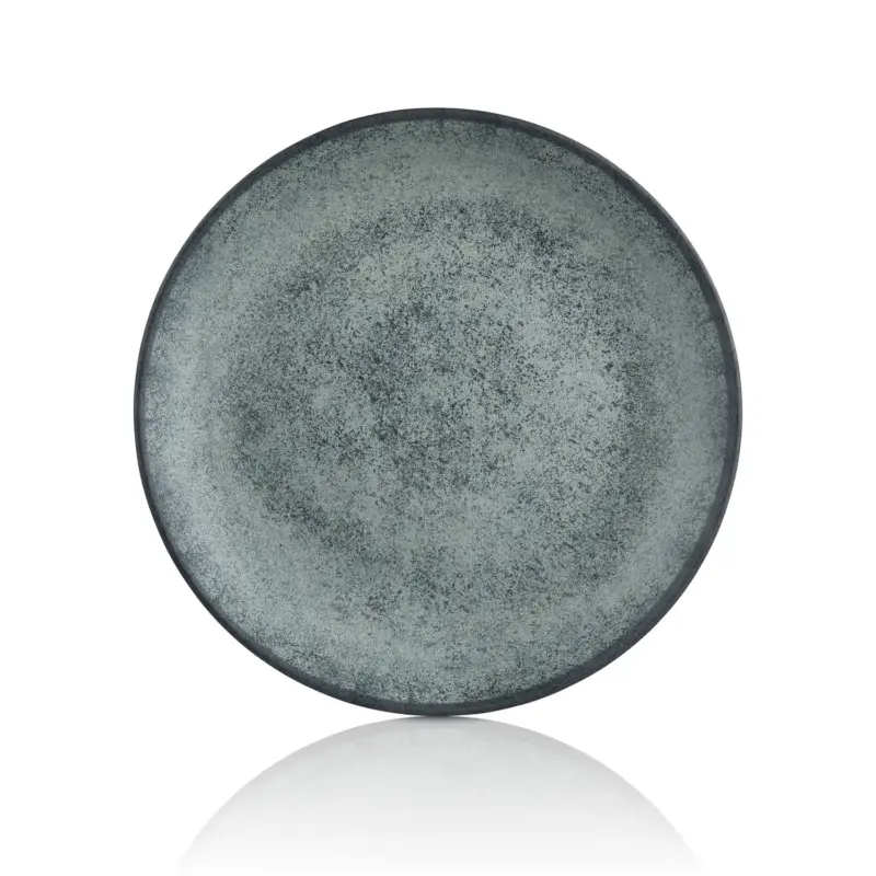 28 cm çapında ve 3 cm yüksekliğinde yeşil gri reaktif taş efektli thermoset melamin yuvarlak Happy Chef Green Minerra seri 3'lü servis tabağı seti.