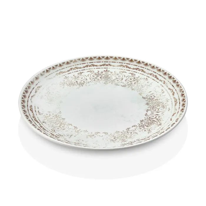 28 cm çapında ve 3 cm yüksekliğinde krem-beyaz zemin üzerine bakır otantik etnik motifli thermoset melamin yuvarlak Happy Chef Old Ivory seri 3'lü servis tabağı seti.