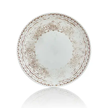 28 cm çapında ve 3 cm yüksekliğinde krem-beyaz zemin üzerine bakır otantik etnik motifli thermoset melamin yuvarlak Happy Chef Old Ivory seri 3'lü servis tabağı seti.