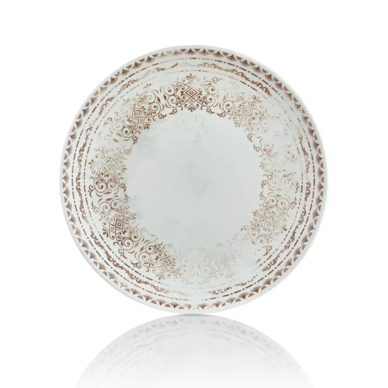 28 cm çapında ve 3 cm yüksekliğinde krem-beyaz zemin üzerine bakır otantik etnik motifli thermoset melamin yuvarlak Happy Chef Old Ivory seri 3'lü servis tabağı seti.