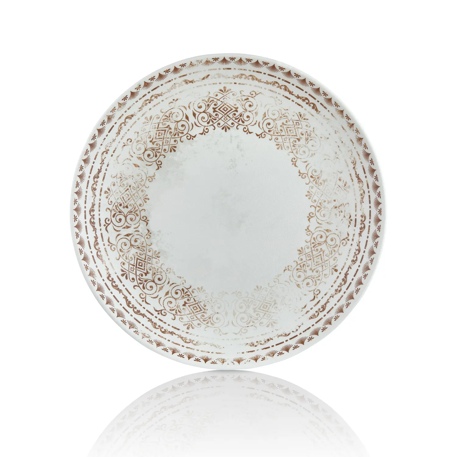 Happy Chef Old Ivory Otantik Etnik Desenli Yuvarlak Servis Tabağı 3'lü Set – 28 cm 28 cm çapında ve 3 cm yüksekliğinde krem-beyaz zemin üzerine bakır otantik etnik motifli thermoset melamin yuvarlak Happy Chef Old Ivory seri 3'lü servis tabağı seti.