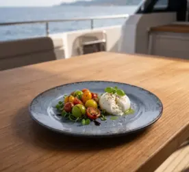 Ahşap tekne masasında taze fesleğen, renkli çeri domates salatası, balzamik sos ve sızma zeytinyağı eşliğinde sunulan taze burrata peyniri ile gösterilen dairesel spral ve çatlatmalı sır efektli lacivert-mavi mermer dokulu kırılmaz melamin 6'lı yuvarlak tatlı, meze ve başlangıç tabağı seti (Ø 17,5 cm).
