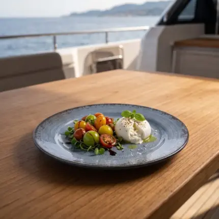 Ahşap tekne masasında taze fesleğen, renkli çeri domates salatası, balzamik sos ve sızma zeytinyağı eşliğinde sunulan taze burrata peyniri ile gösterilen dairesel spral ve çatlatmalı sır efektli lacivert-mavi mermer dokulu kırılmaz melamin 6'lı yuvarlak tatlı, meze ve başlangıç tabağı seti (Ø 17,5 cm).