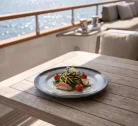 Ahşap tekne masasında sızma zeytinyağı sosu ve taze biberiye filizi eşliğinde tavada mühürlenmiş ızgara balık filetosu sunumuyla gösterilen dairesel spral dokulu lacivert-mavi mermer efektli kırılmaz melamin 3'lü yuvarlak yemek ve servis tabağı seti (Ø 23 cm).