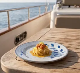 Ahşap tekne masasında deniz kestanesi (sea urchin/uni) ve limon kabuğu rendesi eşliğinde gurme makarna/linguine sunumuyla gösterilen mavi yaprak desenli açık gri zeminli kırılmaz melamin 3'lü yuvarlak yemek ve servis tabağı seti (Ø 23 cm).