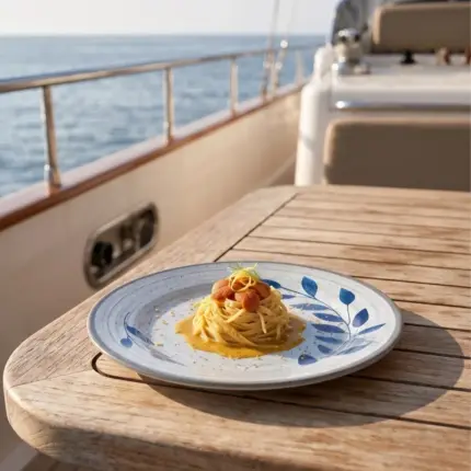 Ahşap tekne masasında deniz kestanesi (sea urchin/uni) ve limon kabuğu rendesi eşliğinde gurme makarna/linguine sunumuyla gösterilen mavi yaprak desenli açık gri zeminli kırılmaz melamin 3'lü yuvarlak yemek ve servis tabağı seti (Ø 23 cm).
