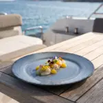Seyir halindeki lüks yatın ahşap güverte masasında taze portakal dilimleri, kapari taneleri ve taze dereotu eşliğinde sunulan deniz ürünleri/balık ceviche ve carpaccio ikramıyla gösterilen mavi yaprak desenli açık gri zeminli kırılmaz melamin 3'lü ekstra büyük boy (battal) yuvarlak servis ve supla tabağı seti (Ø 28 cm).