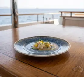 Ahşap tekne masasında narenciye sosu, taze rezene/dereotu ve gurme havyar taneleri eşliğinde sunulan balık tartar/ceviche ikramıyla gösterilen açık krem çerçeveli reaktif okyanus mavisi efektli kırılmaz melamin 3'lü ekstra büyük boy (battal) yuvarlak servis ve supla tabağı seti (Ø 28 cm).