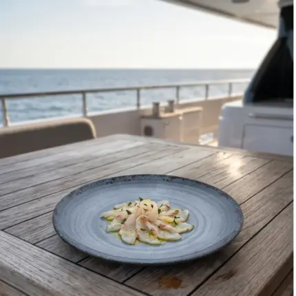 Seyir halindeki lüks yatın ahşap güverte masasında taze levrek carpaccio/sashimi dilimleri, sızma zeytinyağı, limon kabuğu rendesi ve ince kıyılmış taze otlar eşliğinde sunulan dairesel spral dokulu lacivert-mavi mermer efektli kırılmaz melamin 3'lü yuvarlak büyük boy servis ve düz ana yemek tabağı seti (Ø 25 cm).
