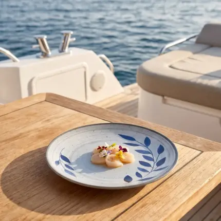 Açık denizde seyir halindeki lüks yatın ahşap güverte masasında taze deniz tarağı (scallop) crudo dilimleri ve renkli yenilebilir çiçekler eşliğinde sunulan mavi yaprak desenli açık gri zeminli kırılmaz melamin 3'lü yuvarlak büyük boy servis ve düz ana yemek tabağı seti (Ø 25 cm).