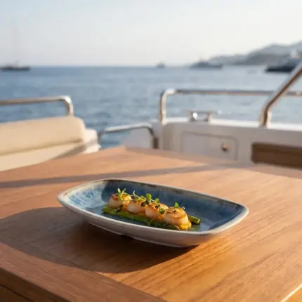 Gün batımı ışığında açık denizde seyir halindeki lüks yatın ahşap güverte masasında ızgara kuşkonmaz ve safranlı püre yatağında mühürlenmiş deniz tarağı (scallop) ikramı, taze mikro filizler eşliğinde gösterilen açık krem çerçeveli reaktif okyanus mavisi efektli kırılmaz melamin 6'lı küçük boy kayık meze, zeytinyağlı ve sos tabağı seti (14x8,5 cm).