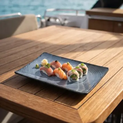 Ahşap tekne masasında somon ve ton balıklı nigiri ile sushi roll çeşitleri, vasabi ve zencefil turşusu sunumuyla gösterilen dairesel halka efektli lacivert-mavi mermer dokulu kırılmaz melamin 6'lı dikdörtgen servis ve sunum tabağı seti (20 x 13,7 cm).