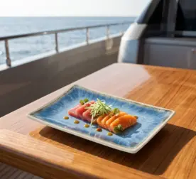 Ahşap tekne masasında taze salatalık şeritleri, özel sos ve taze filizler eşliğinde somon ve ton balığı sashimi (sashimi platter) sunumuyla gösterilen açık krem çerçeveli reaktif okyanus mavisi efektli kırılmaz melamin 6'lı dikdörtgen servis ve sunum tabağı seti (20 x 13,7 cm).