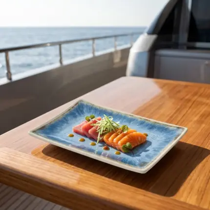 Ahşap tekne masasında taze salatalık şeritleri, özel sos ve taze filizler eşliğinde somon ve ton balığı sashimi (sashimi platter) sunumuyla gösterilen açık krem çerçeveli reaktif okyanus mavisi efektli kırılmaz melamin 6'lı dikdörtgen servis ve sunum tabağı seti (20 x 13,7 cm).