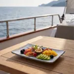 Ahşap tekne masasında dilimlenmiş kivi, mango, çarkıfelek meyvesi, taze incir, böğürtlen ve ahududu ikramıyla gösterilen mavi yaprak desenli açık gri zeminli kırılmaz melamin 6'lı dikdörtgen servis ve sunum tabağı seti (20 x 13,7 cm).