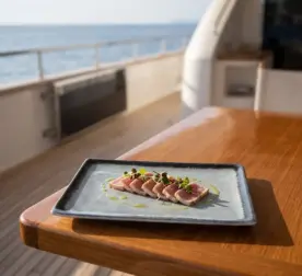 Ahşap tekne masasında zeytinyağı gezdirmesi ve taze mikro filizler eşliğinde dilimlenmiş mühürlenmiş ton balığı tataki (tuna tataki) sunumuyla gösterilen buz mavisi-gri çatlatmalı sır (crackle glaze) efektli kırılmaz melamin 3'lü orta boy dikdörtgen servis ve sunum tabağı seti (24,9 x 17,2 cm).