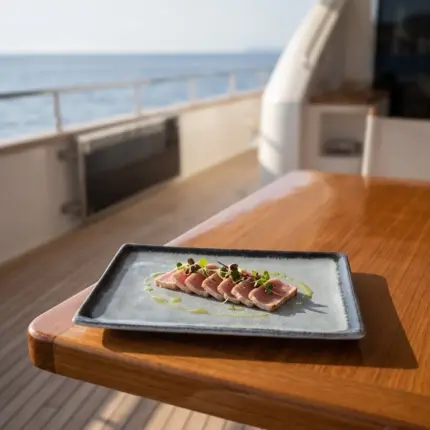 Ahşap tekne masasında zeytinyağı gezdirmesi ve taze mikro filizler eşliğinde dilimlenmiş mühürlenmiş ton balığı tataki (tuna tataki) sunumuyla gösterilen buz mavisi-gri çatlatmalı sır (crackle glaze) efektli kırılmaz melamin 3'lü orta boy dikdörtgen servis ve sunum tabağı seti (24,9 x 17,2 cm).