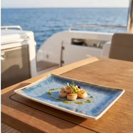 Ahşap tekne masasında yeşil pesto sos, taze mikro filizler ve sarı-mor yenilebilir çiçekler eşliğinde tavada mühürlenmiş deniz tarağı (scallops) ikramı sunumuyla gösterilen açık krem çerçeveli reaktif okyanus mavisi efektli kırılmaz melamin 3'lü büyük boy dikdörtgen servis ve sunum tepsisi seti (30 x 20,7 cm).
