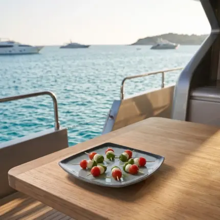 Turkuaz deniz manzaralı lüks motoryatın ahşap güverte masasında çeri domates, taze fesleğen ve mini mozzarella toplarından oluşan Caprese şiş ikramları eşliğinde gösterilen koyu kenarlı buz mavisi-gri çatlatmalı sır (crackle glaze) efektli kırılmaz melamin 6'lı kare servis ve yemek tabağı seti (21,5x21,5 cm).