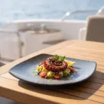 Gün batımı ışığında açık denizde seyir halindeki lüks yatın ahşap güverte masasında ılık patates salatası, çeri domates dilimleri, kapari taneleri ve taze maydanoz yatağında ızgara ızgara ahtapot kolu ikramı eşliğinde gösterilen dairesel spral dokulu lacivert-mavi mermer efektli kırılmaz melamin 3'lü kare büyük boy servis ve ana yemek tabağı seti (24,1x24,1 cm).