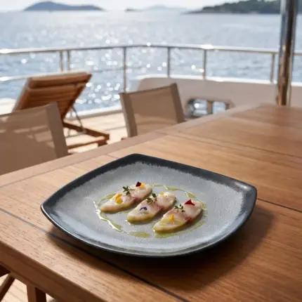Gün batımı ışığında açık denizde seyir halindeki lüks yatın ahşap güverte masasında taze levrek carpaccio/sashimi dilimleri, taze kekik, sızma zeytinyağı ve renkli yenilebilir çiçek taç yaprakları eşliğinde gösterilen koyu kenarlı buz mavisi-gri çatlatmalı sır (crackle glaze) efektli kırılmaz melamin 3'lü kare büyük boy servis tabağı seti (26,4x26,4 cm).