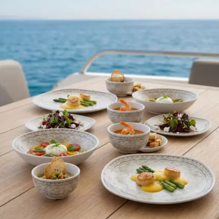 Ahşap tekne masasında deniz tarağı, burrata salatası, çorba, karides ve ikramlıklarla sunulan otantik altın-bronz eskitme desenli kare kırılmaz melamin 8 parça Old Ivory (M503208) 2 kişilik yemek takımı seti.