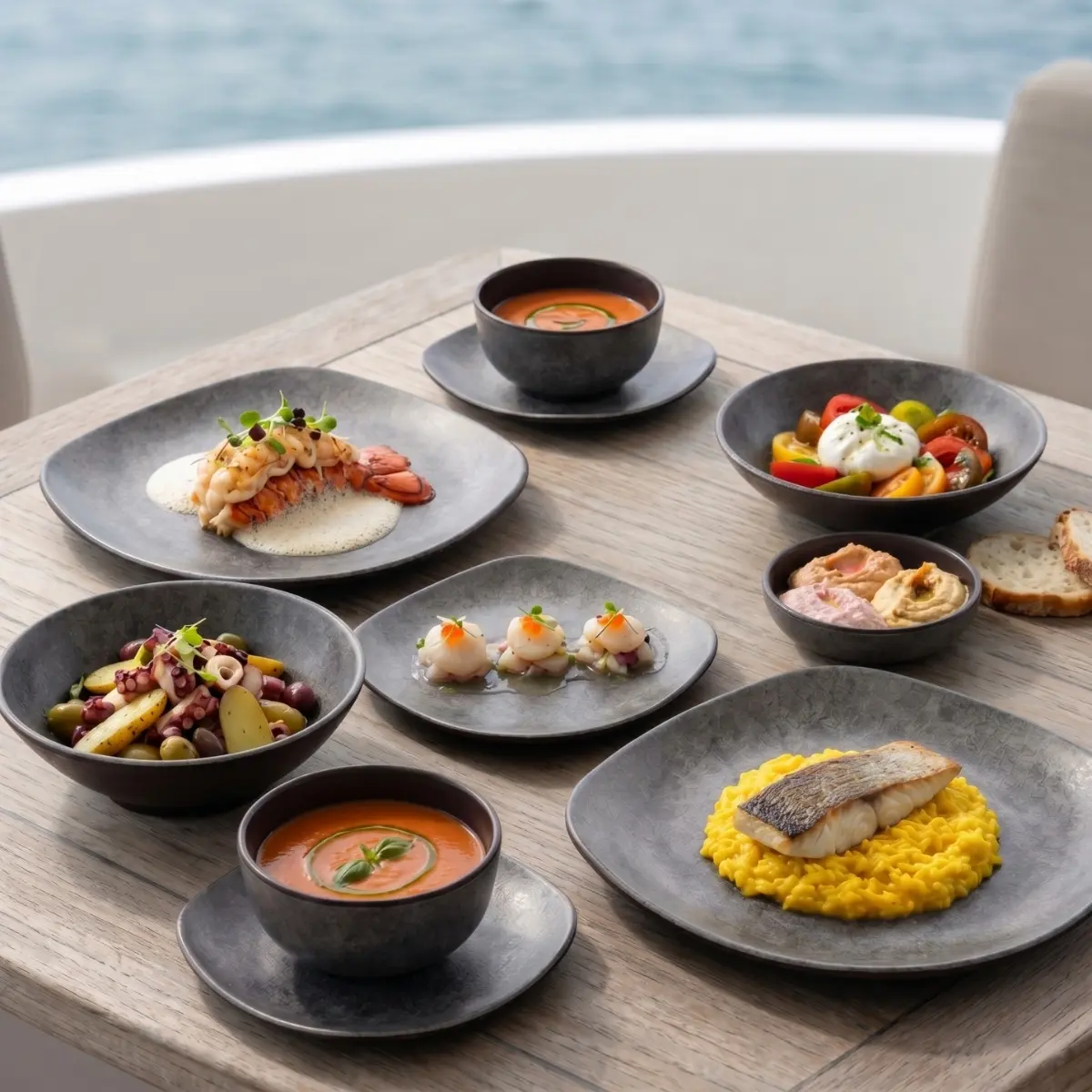 Velora Clay Kırılmaz Melamin 8 Parça 2 Kişilik Kare Yemek Takımı Seti – Mat Kil Dokulu Ahşap tekne masasında ıstakoz, ızgara balık risotto, deniz tarağı, burrata salatası ve çorba ikramlarıyla sunulan koyu toprak tonlarında mat kil dokulu kare kırılmaz melamin 8 parça Velora Clay (M504208) 2 kişilik yemek takımı seti.