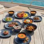 Ahşap tekne masasında ıstakoz, deniz tarağı, burrata salatası, midye ve çorba ikramlarıyla sunulan dumanlı mavi taş efektli kare kırılmaz melamin 8 parça Velora Mist (M505208) 2 kişilik yemek takımı seti.
