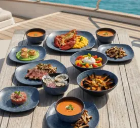 Ahşap tekne masasında ıstakoz, deniz tarağı, burrata salatası, midye ve çorba ikramlarıyla sunulan dumanlı mavi taş efektli kare kırılmaz melamin 8 parça Velora Mist (M505208) 2 kişilik yemek takımı seti.