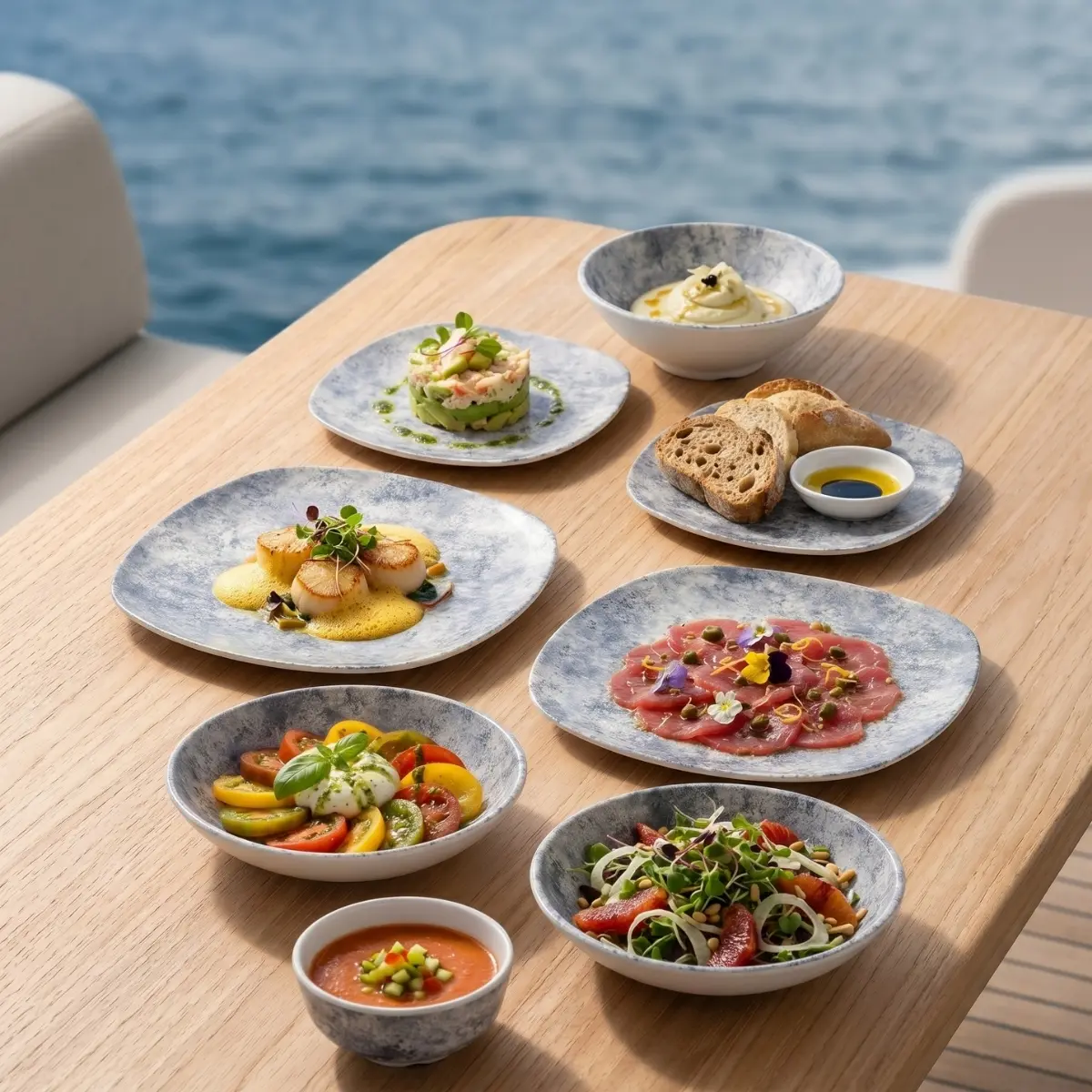 Velora Cloud Kırılmaz Melamin 8 Parça 2 Kişilik Kare Yemek Takımı Seti – Açık Mavi Dokulu Ahşap tekne masasında deniz tarağı, carpaccio, burrata salatası, tartar ve ekmek ikramlarıyla sunulan açık gri-mavi bulut mermer dokulu kare kırılmaz melamin 8 parça Velora Cloud (M506208) 2 kişilik yemek takımı seti.