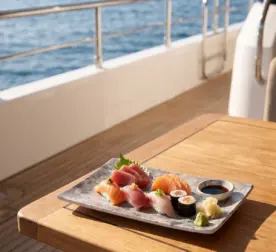 Ahşap tekne masasında zencefil turşusu, wasabi ve soya sosu eşliğinde sashimi, nigiri ve maki sushi tabağı sunumuyla gösterilen açık gri-mavi bulut mermer dokulu büyük boy kırılmaz melamin Velora Cloud 3'lü dikdörtgen servis ve sunum tabağı seti (30 x 20,7 cm).